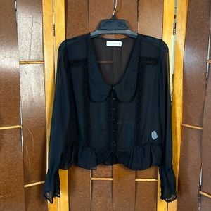 Johnny Was For Love and Liberty line. Black chiffon blouse with lace detailing.